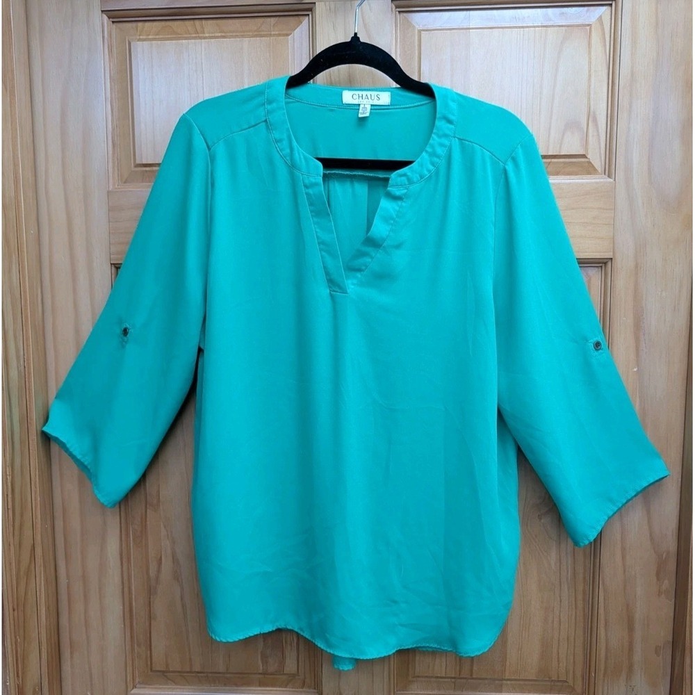 Chaus New York Women's Large Blouse Green 3/4 Sleeves Standup Collar Top